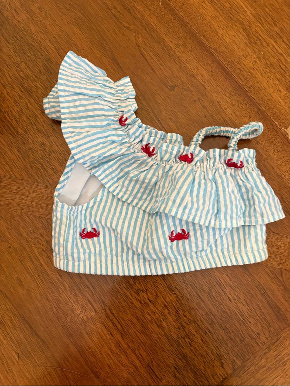Kelly's Kids Blue & White Striped Ruffle Tank with Red Crab Accents
